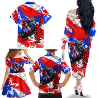 Boricua Pride Rooster Flag Puerto Rico Family Matching Off The Shoulder Long Sleeve Dress and Hawaiian Shirt