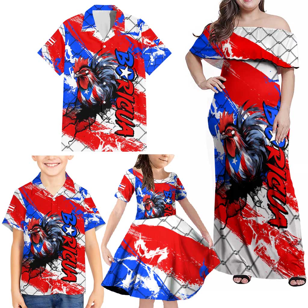 Boricua Pride Rooster Flag Puerto Rico Family Matching Off Shoulder Maxi Dress and Hawaiian Shirt