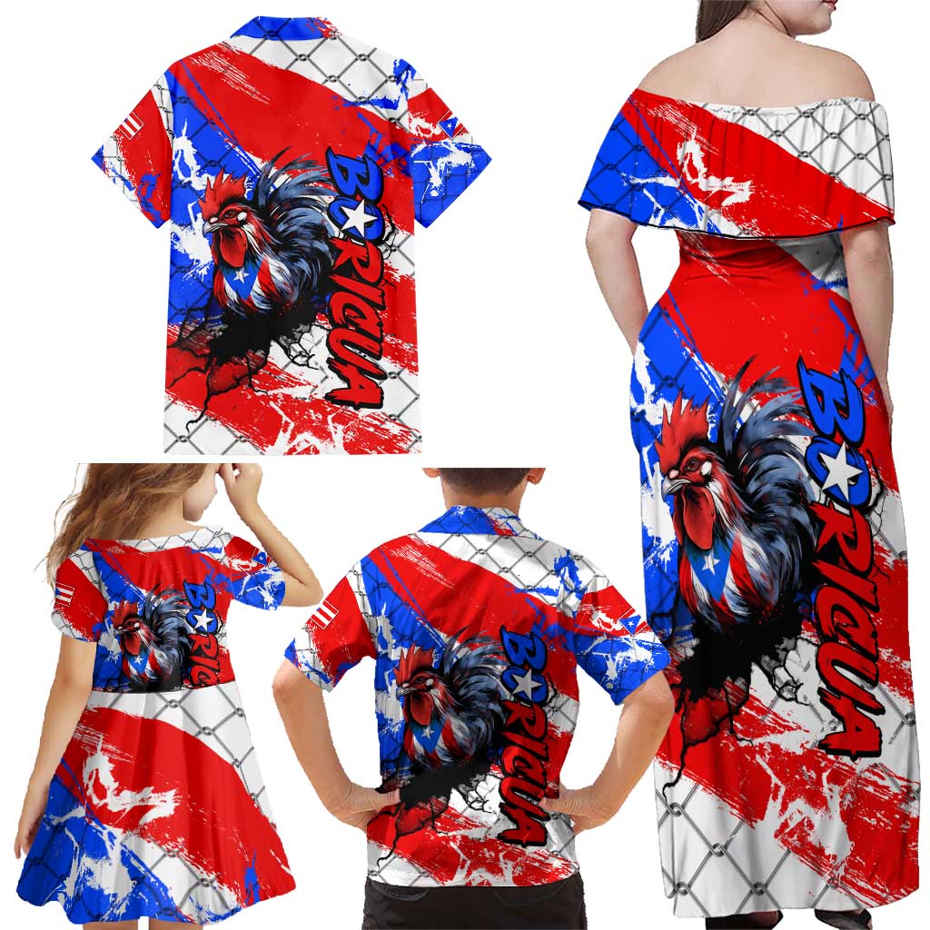 Boricua Pride Rooster Flag Puerto Rico Family Matching Off Shoulder Maxi Dress and Hawaiian Shirt