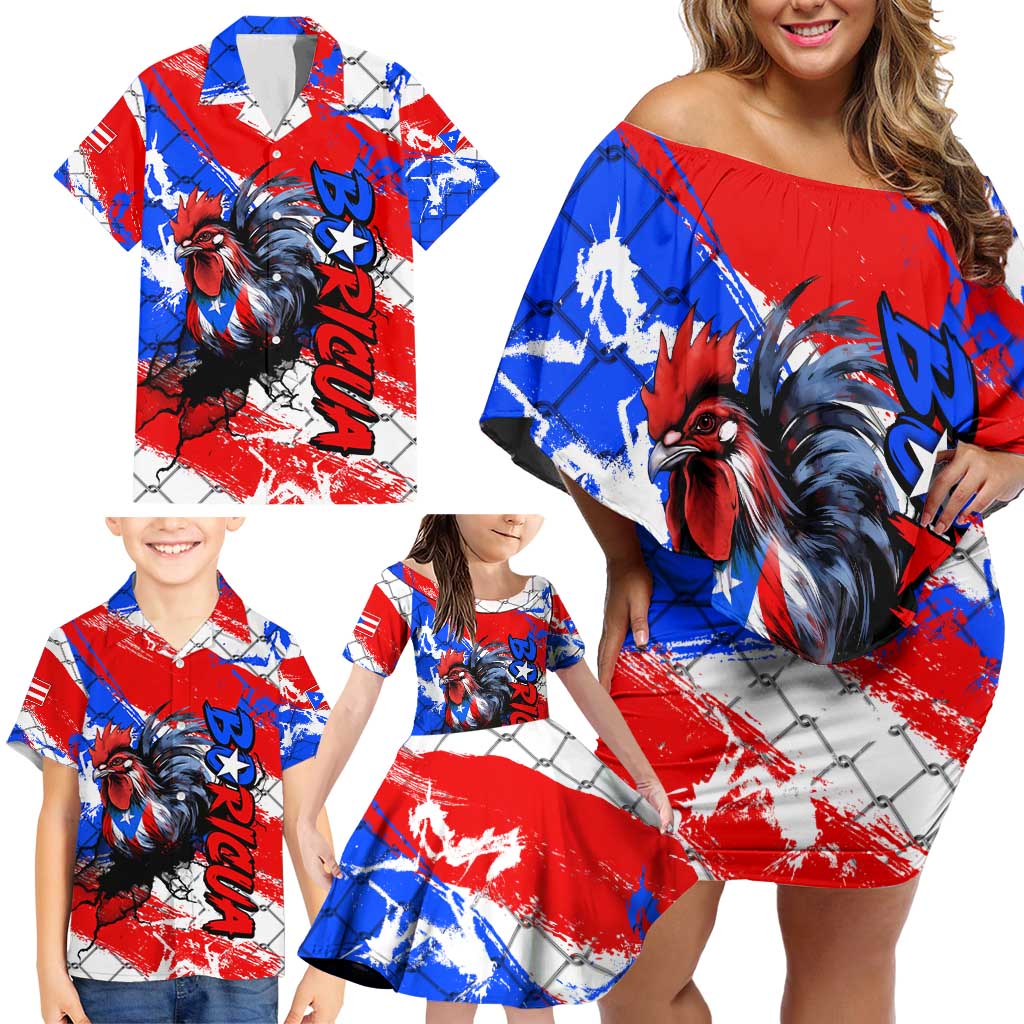 Boricua Pride Rooster Flag Puerto Rico Family Matching Off Shoulder Short Dress and Hawaiian Shirt