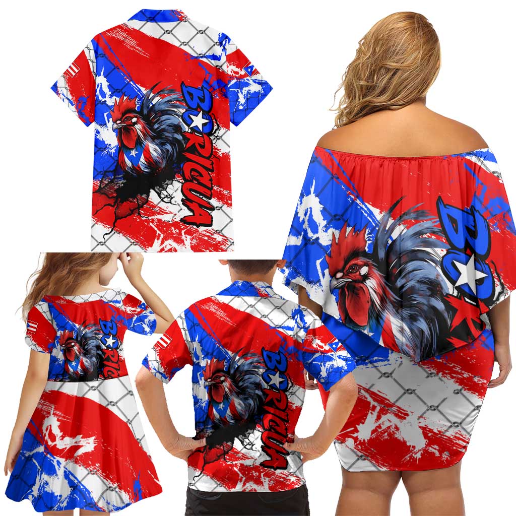 Boricua Pride Rooster Flag Puerto Rico Family Matching Off Shoulder Short Dress and Hawaiian Shirt