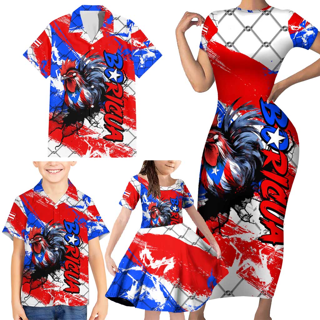 Boricua Pride Rooster Flag Puerto Rico Family Matching Short Sleeve Bodycon Dress and Hawaiian Shirt