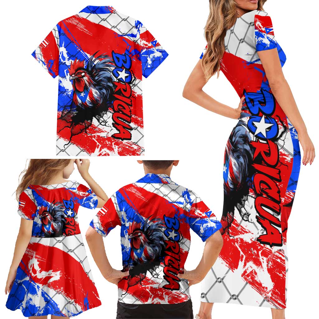 Boricua Pride Rooster Flag Puerto Rico Family Matching Short Sleeve Bodycon Dress and Hawaiian Shirt
