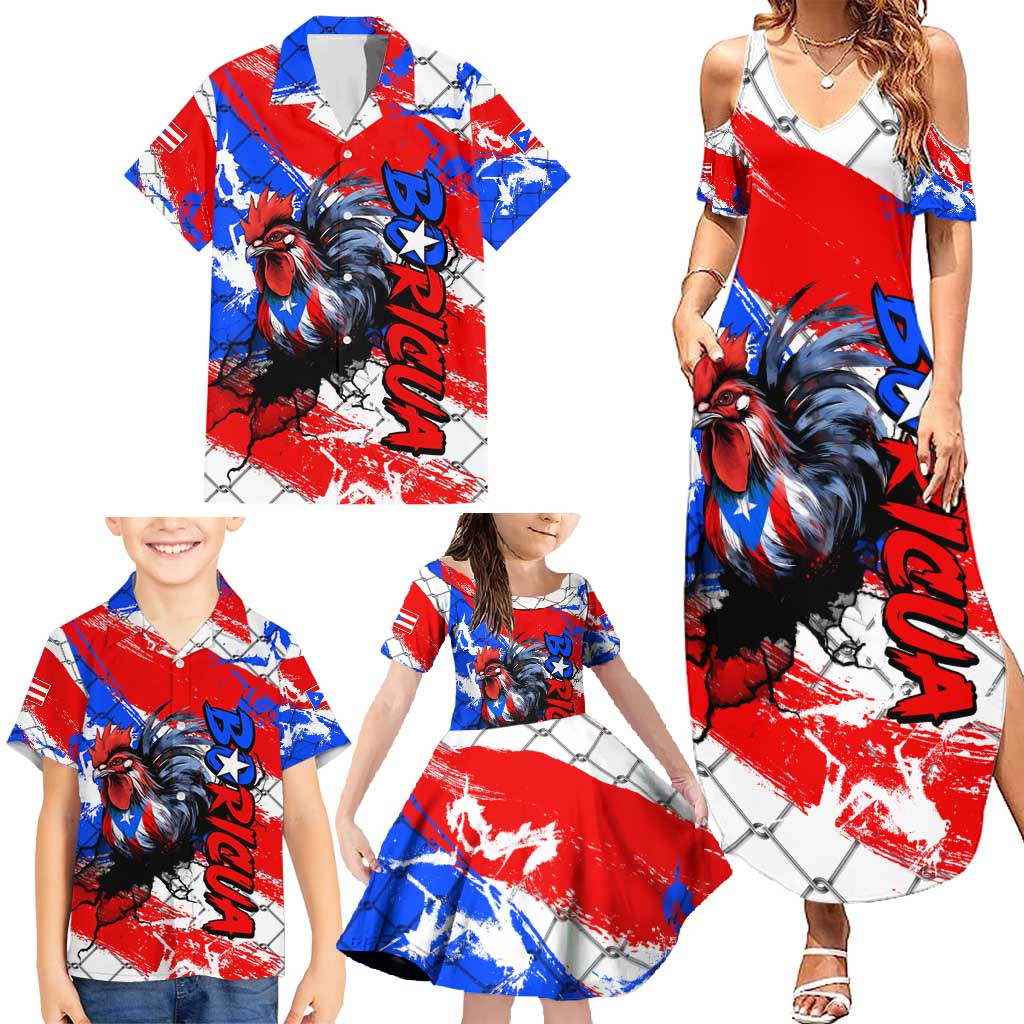 Boricua Pride Rooster Flag Puerto Rico Family Matching Summer Maxi Dress and Hawaiian Shirt
