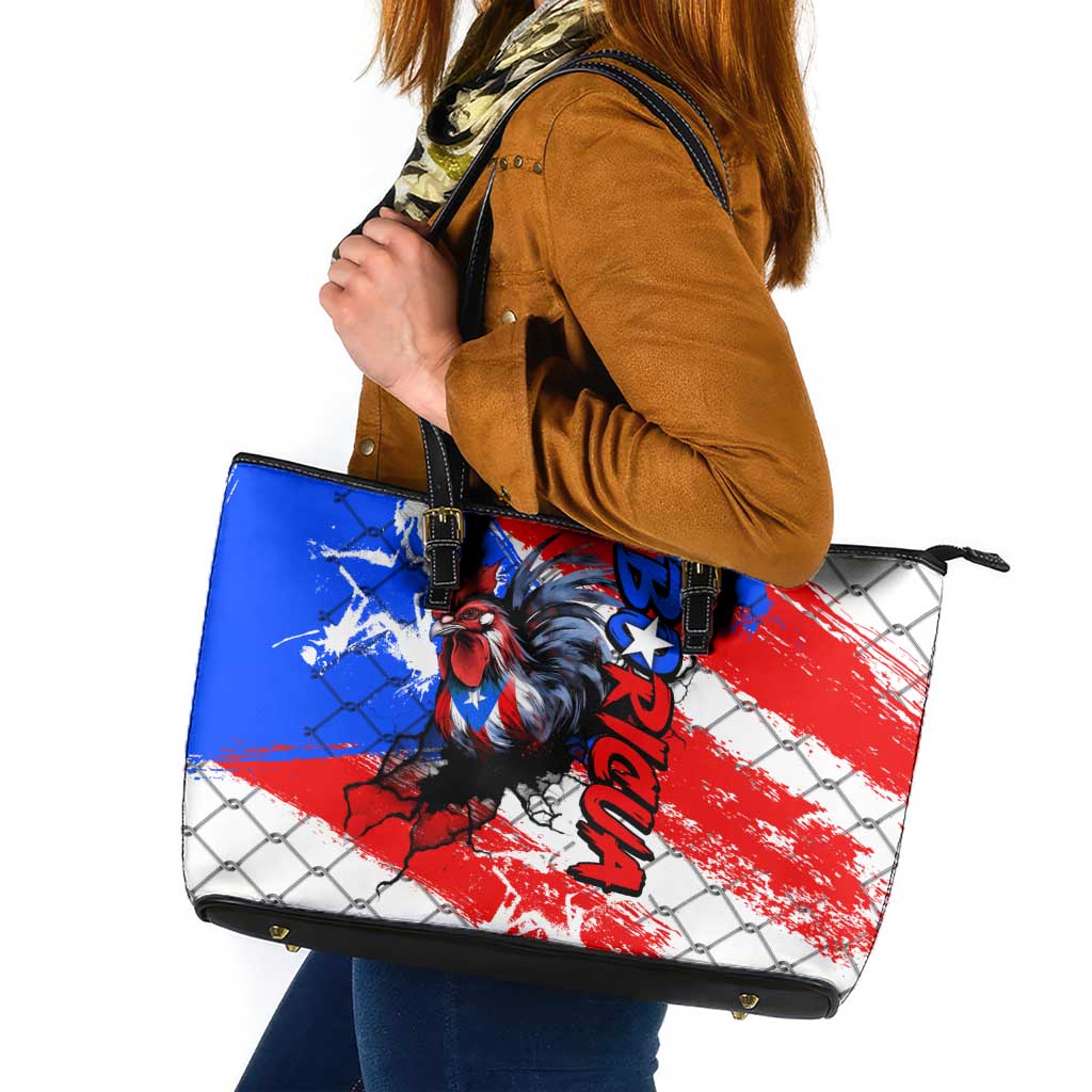Boricua Pride Rooster Flag Puerto Rico Leather Tote Bag