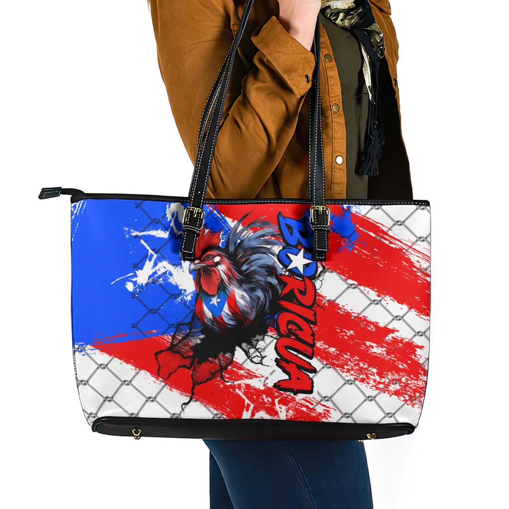 Boricua Pride Rooster Flag Puerto Rico Leather Tote Bag