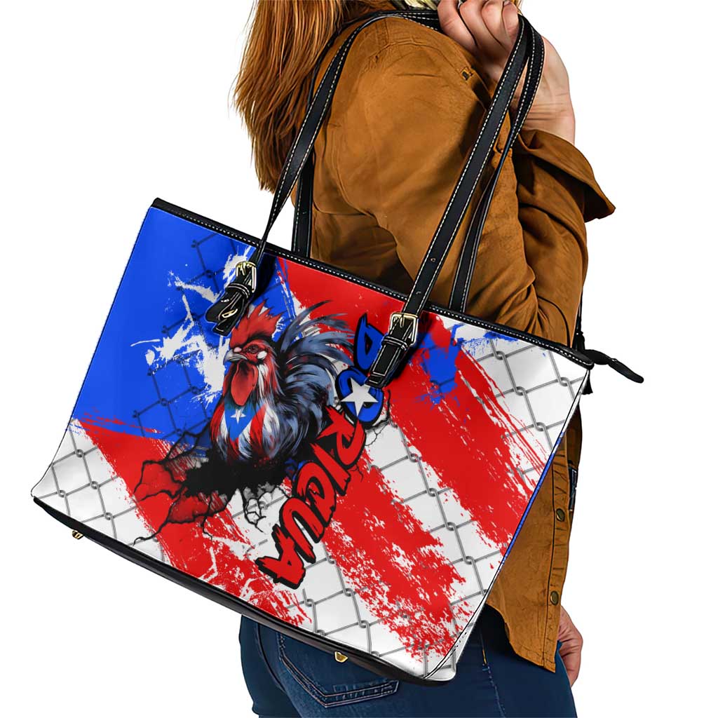 Boricua Pride Rooster Flag Puerto Rico Leather Tote Bag