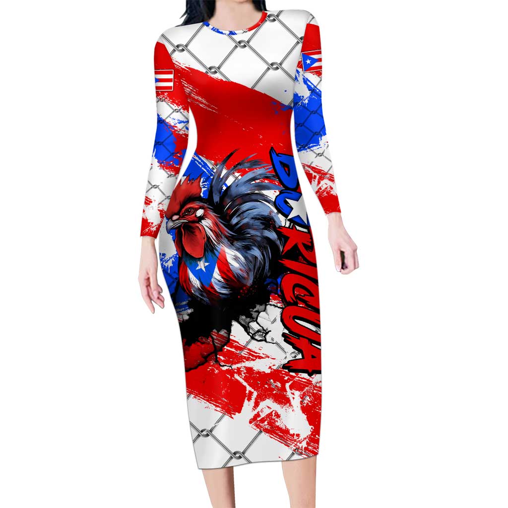 Boricua Pride Rooster Flag Puerto Rico Long Sleeve Bodycon Dress