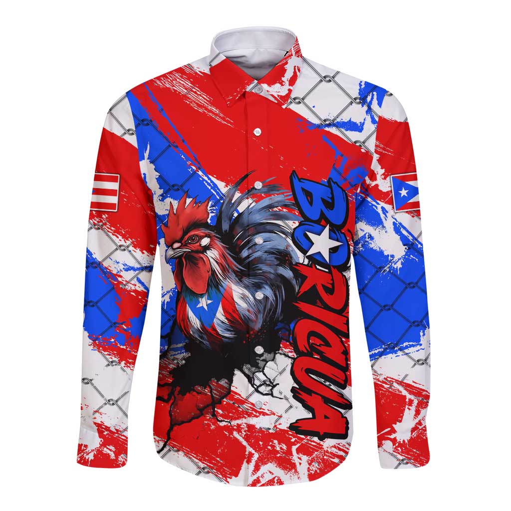 Boricua Pride Rooster Flag Puerto Rico Long Sleeve Button Shirt