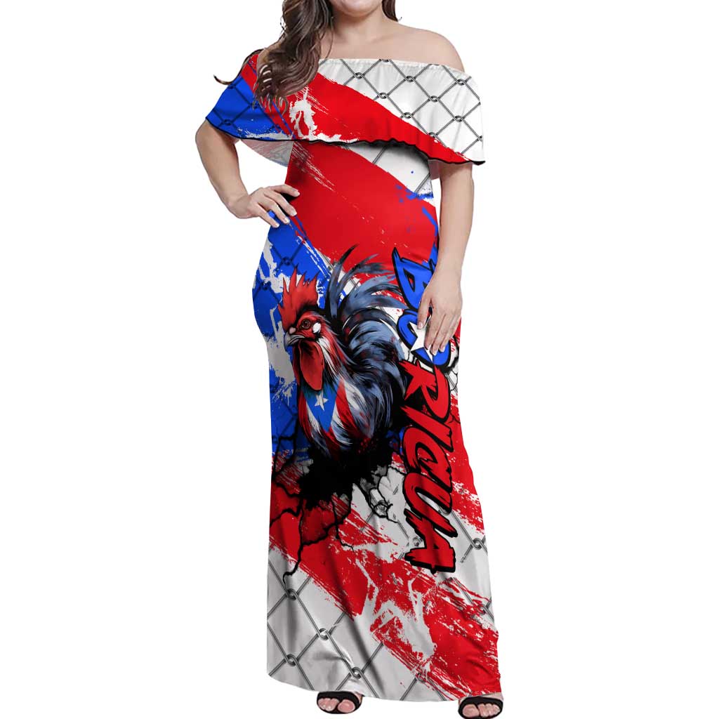 Boricua Pride Rooster Flag Puerto Rico Off Shoulder Maxi Dress