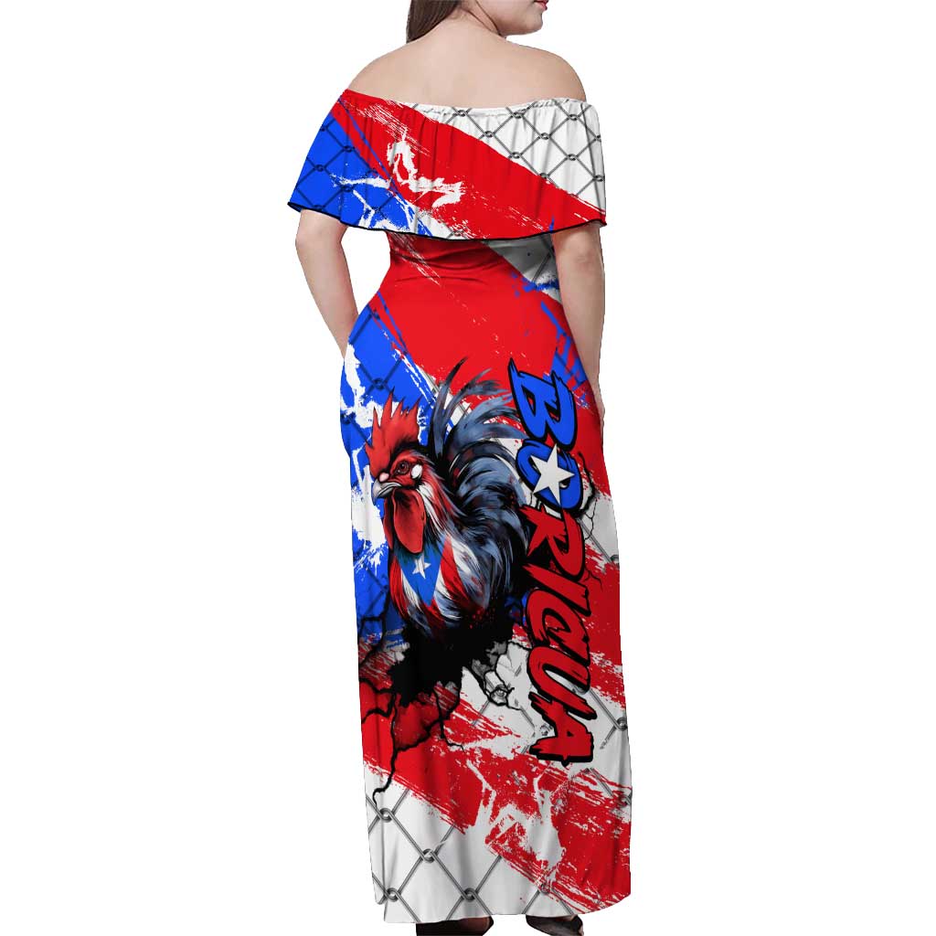 Boricua Pride Rooster Flag Puerto Rico Off Shoulder Maxi Dress