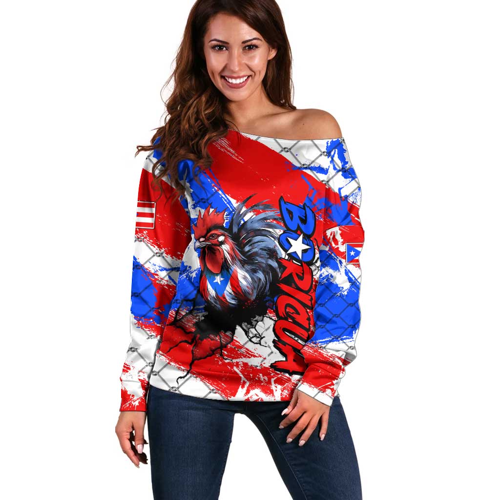 Boricua Pride Rooster Flag Puerto Rico Off Shoulder Sweater