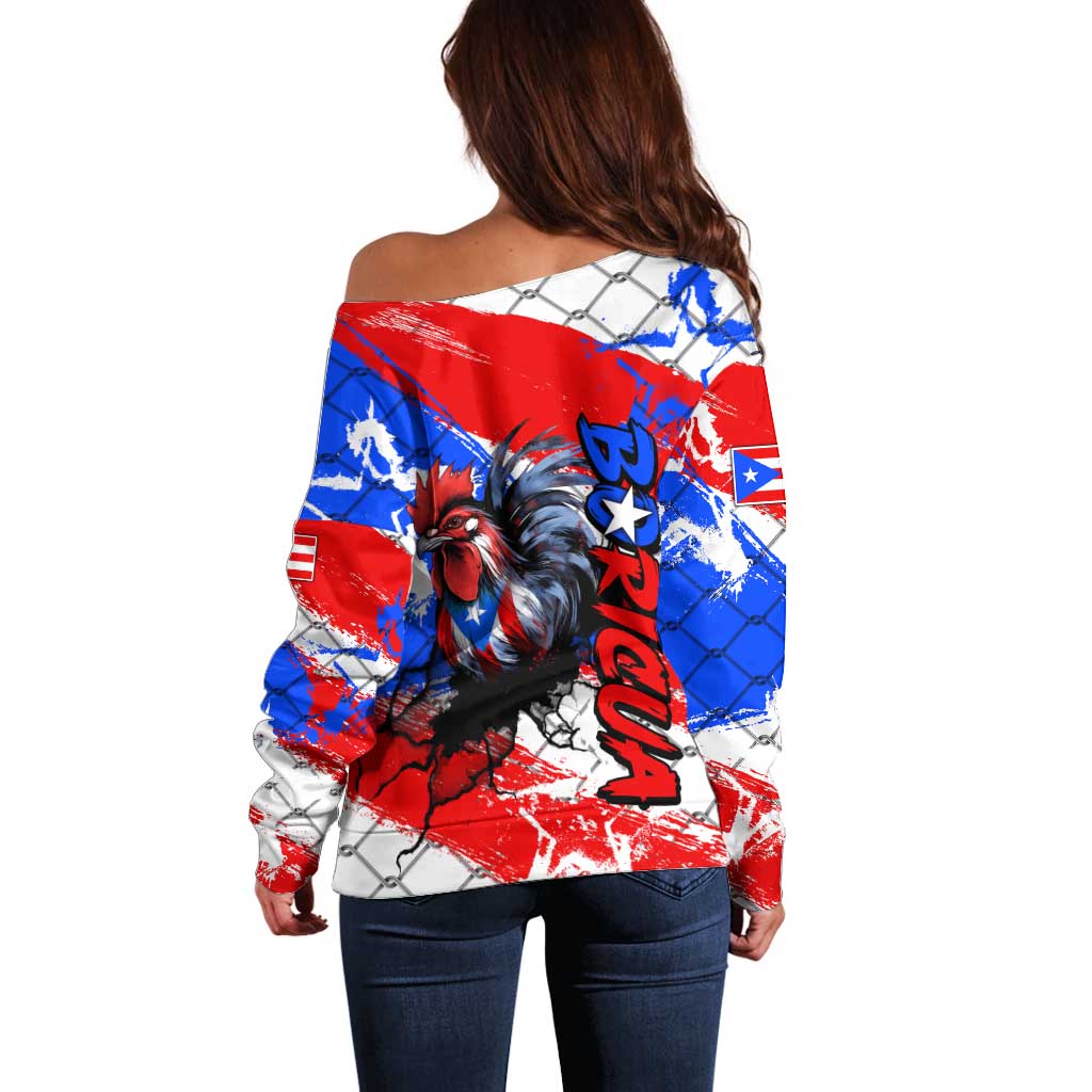 Boricua Pride Rooster Flag Puerto Rico Off Shoulder Sweater