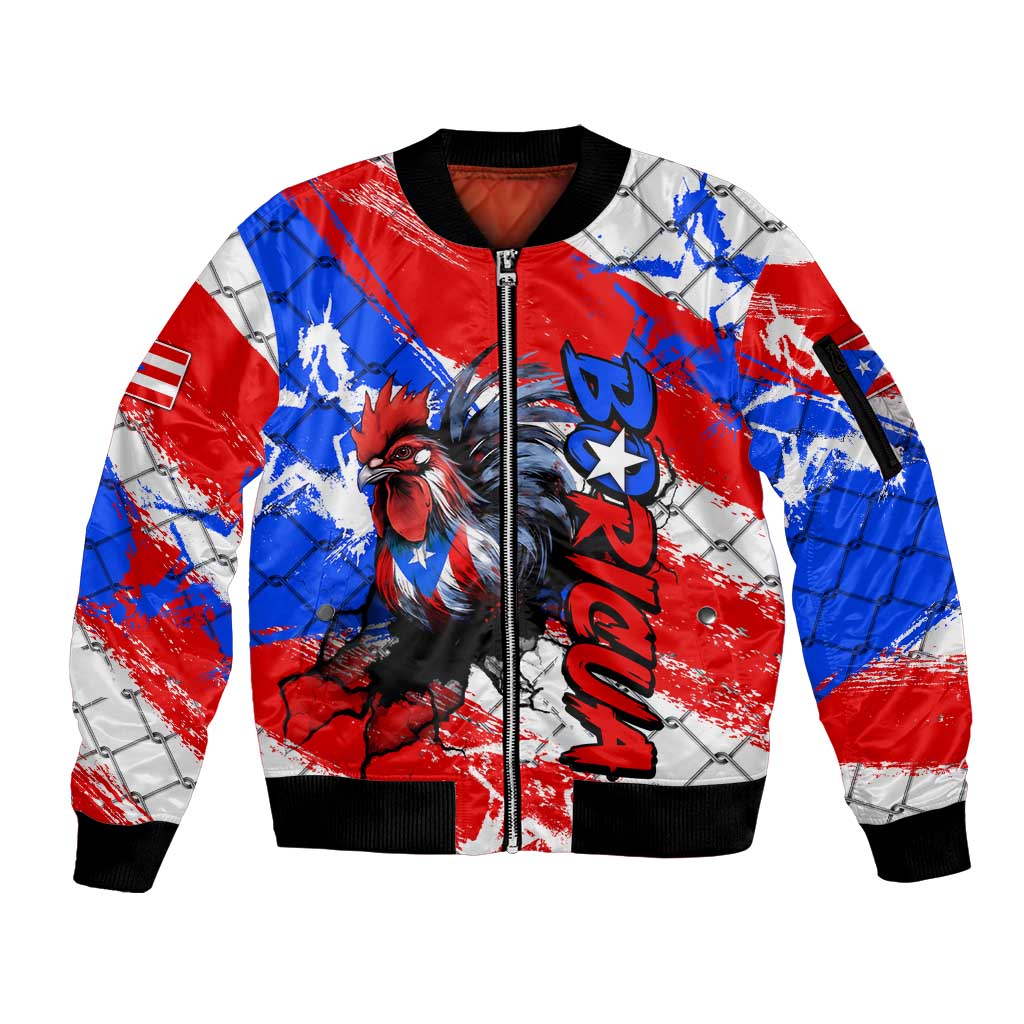 Boricua Pride Rooster Flag Puerto Rico Sleeve Zip Bomber Jacket
