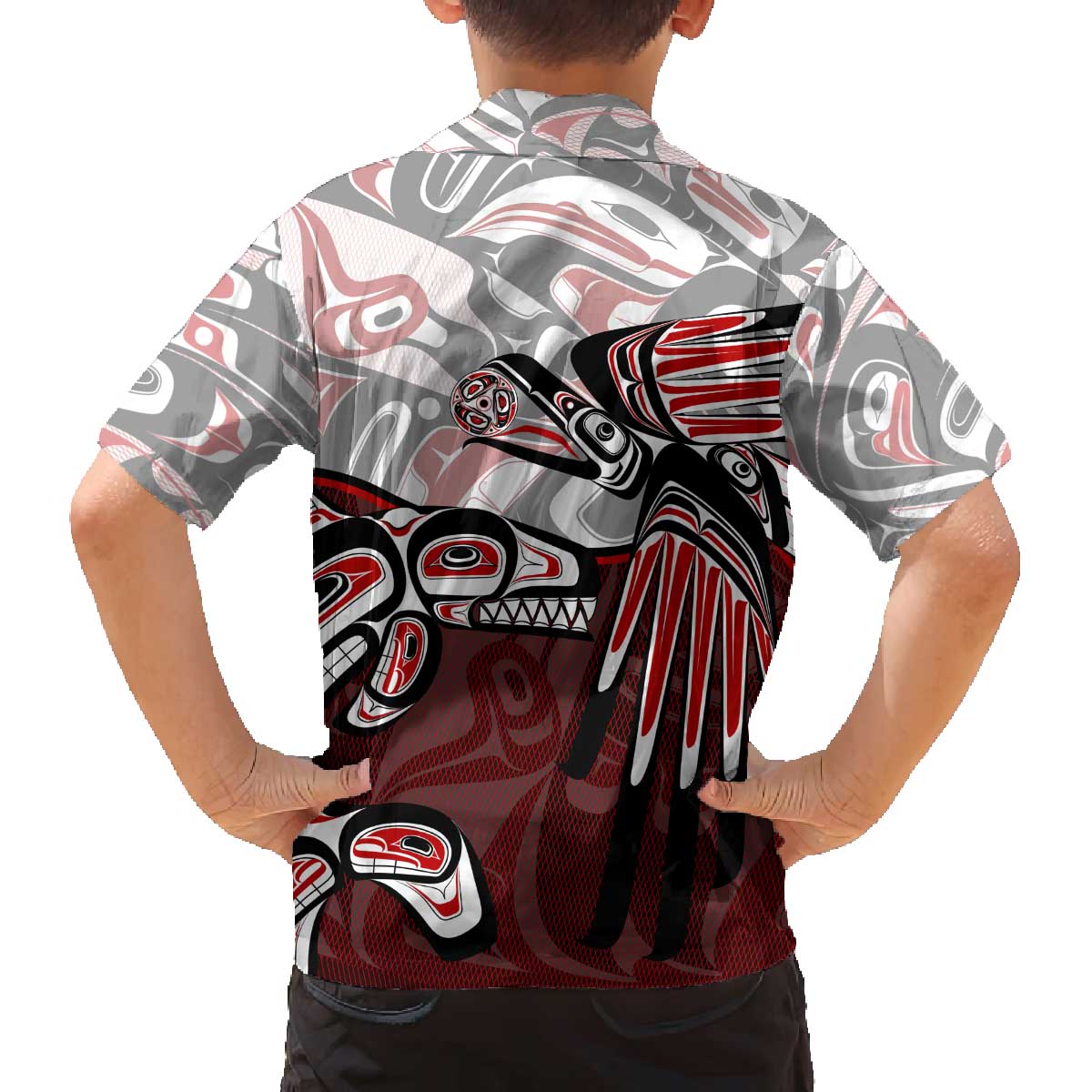 Haida Orca and Eagle Battle Family Matching Off The Shoulder Long Sleeve Dress and Hawaiian Shirt Canada Pacific Northwest Tribal Art