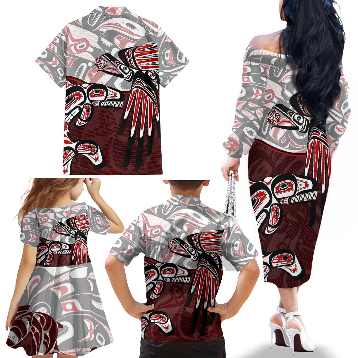 Haida Orca and Eagle Battle Family Matching Off The Shoulder Long Sleeve Dress and Hawaiian Shirt Canada Pacific Northwest Tribal Art