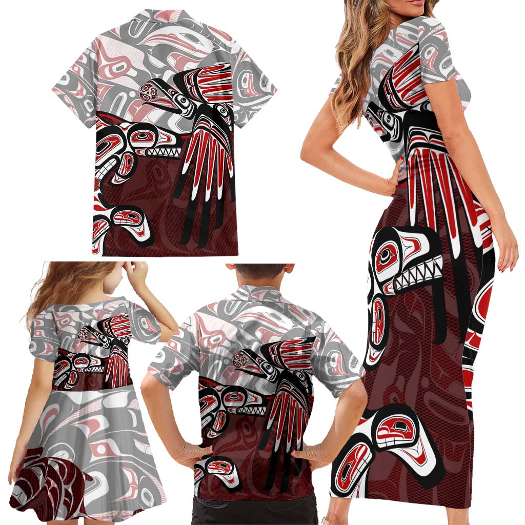 Haida Orca and Eagle Battle Family Matching Short Sleeve Bodycon Dress and Hawaiian Shirt Canada Pacific Northwest Tribal Art