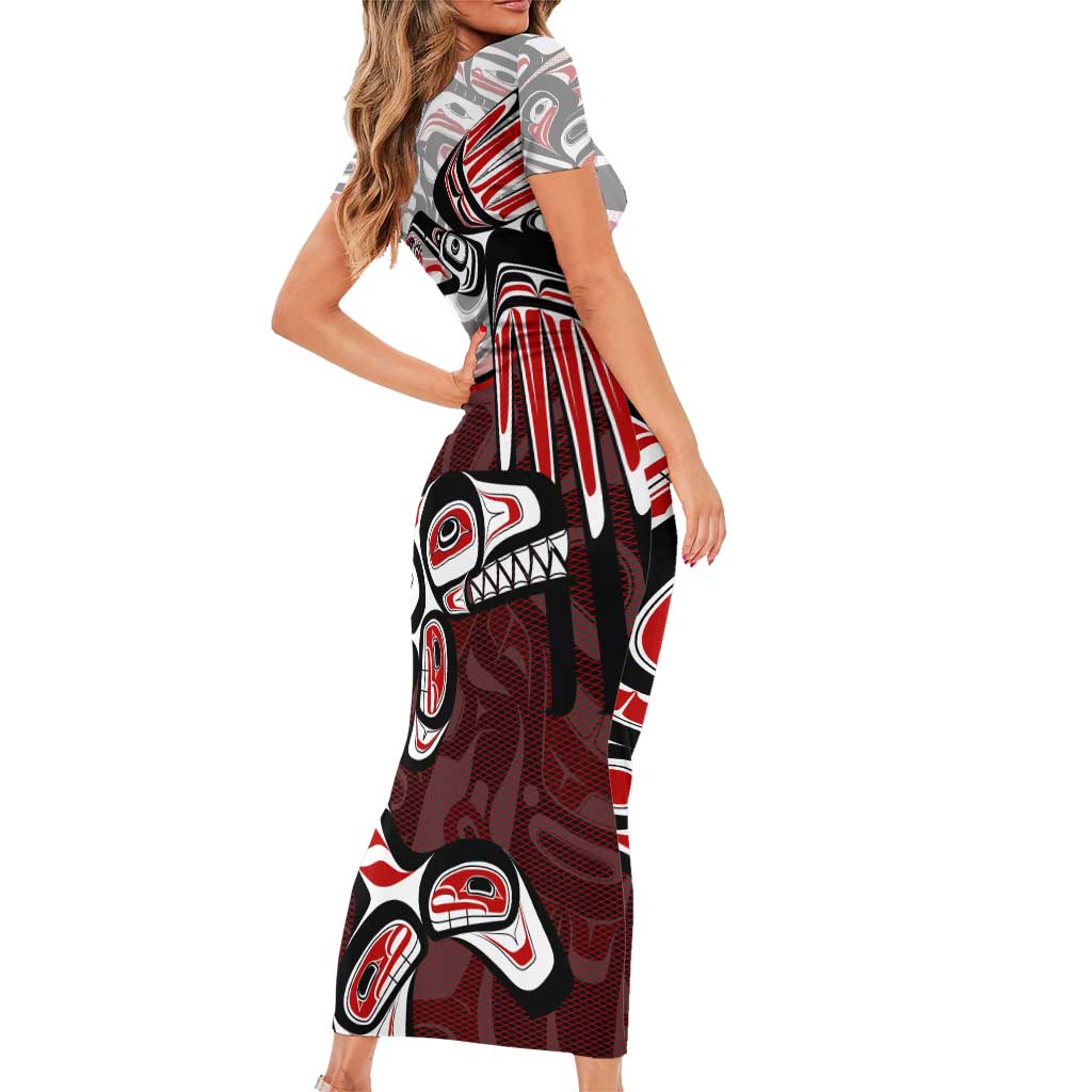Haida Orca and Eagle Battle Family Matching Short Sleeve Bodycon Dress and Hawaiian Shirt Canada Pacific Northwest Tribal Art