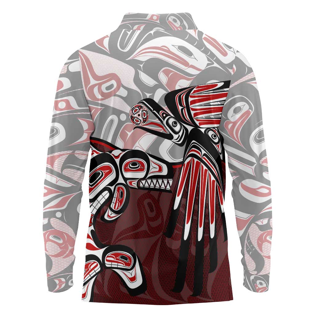 Haida Orca and Eagle Battle Long Sleeve Polo Shirt Canada Pacific Northwest Tribal Art