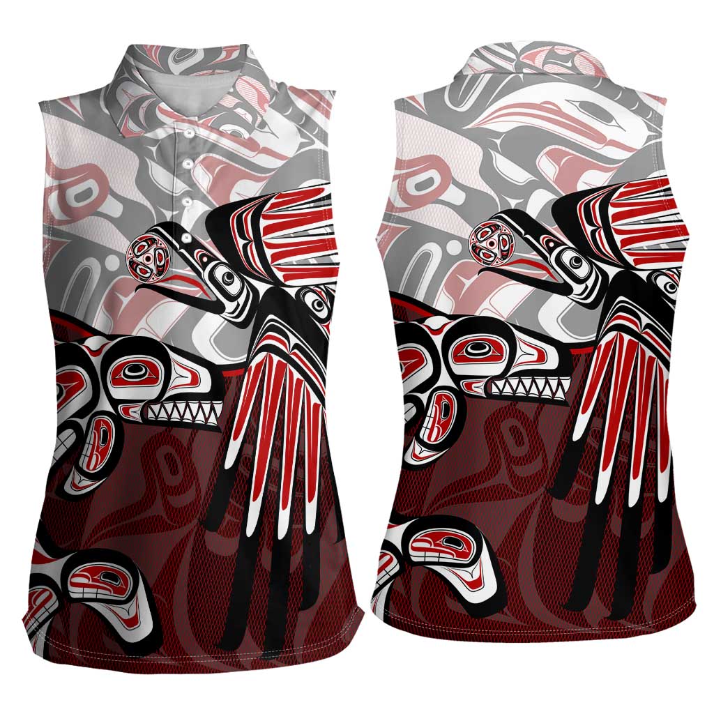 Haida Orca and Eagle Battle Women Sleeveless Polo Shirt Canada Pacific Northwest Tribal Art