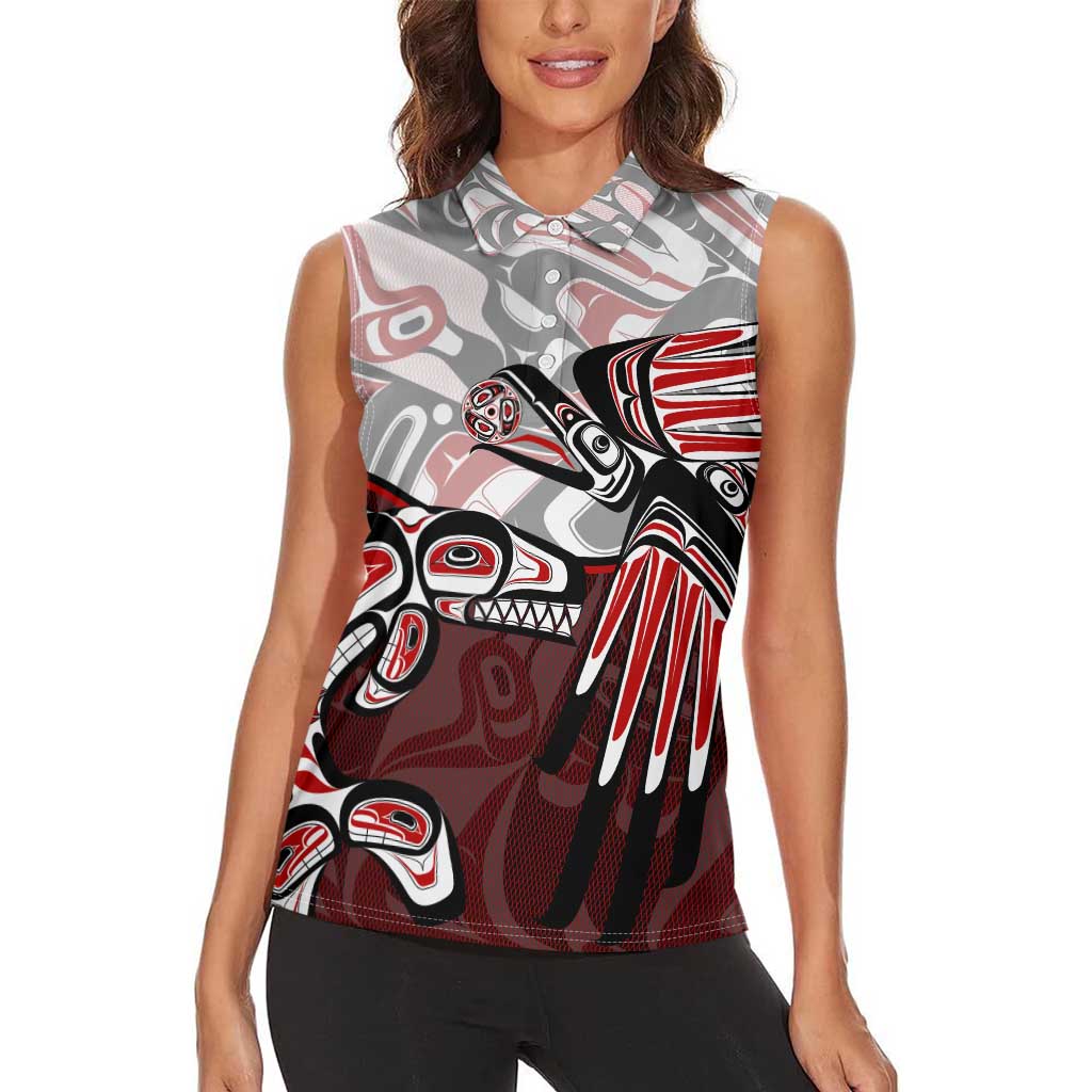 Haida Orca and Eagle Battle Women Sleeveless Polo Shirt Canada Pacific Northwest Tribal Art