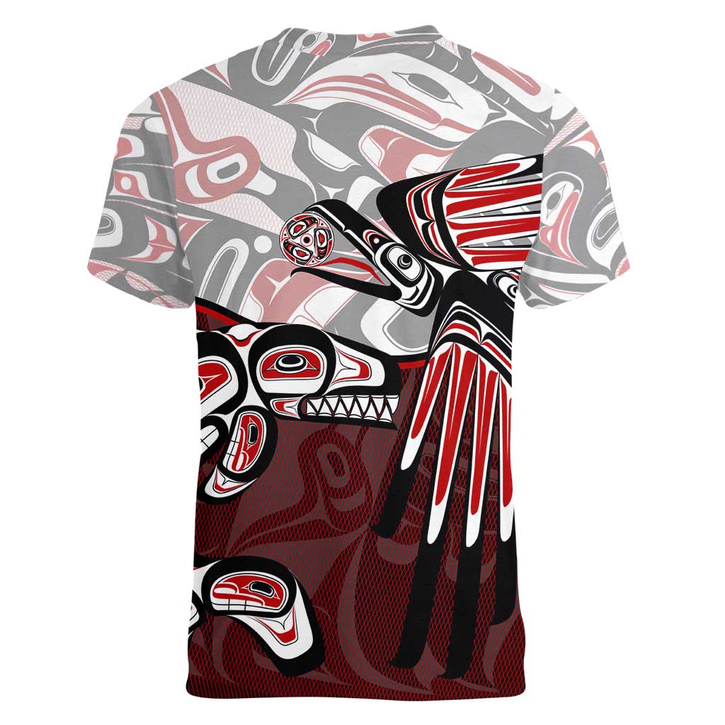 Haida Orca and Eagle Battle Women V-Neck T-Shirt Canada Pacific Northwest Tribal Art