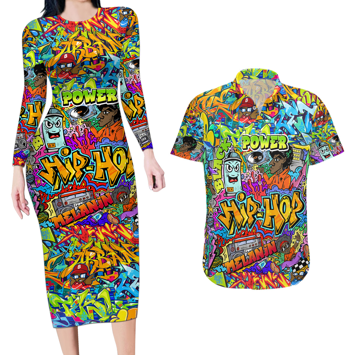 Hip Hop Graffiti Art Couples Matching Long Sleeve Bodycon Dress and Hawaiian Shirt Black Power - Wonder Print Shop