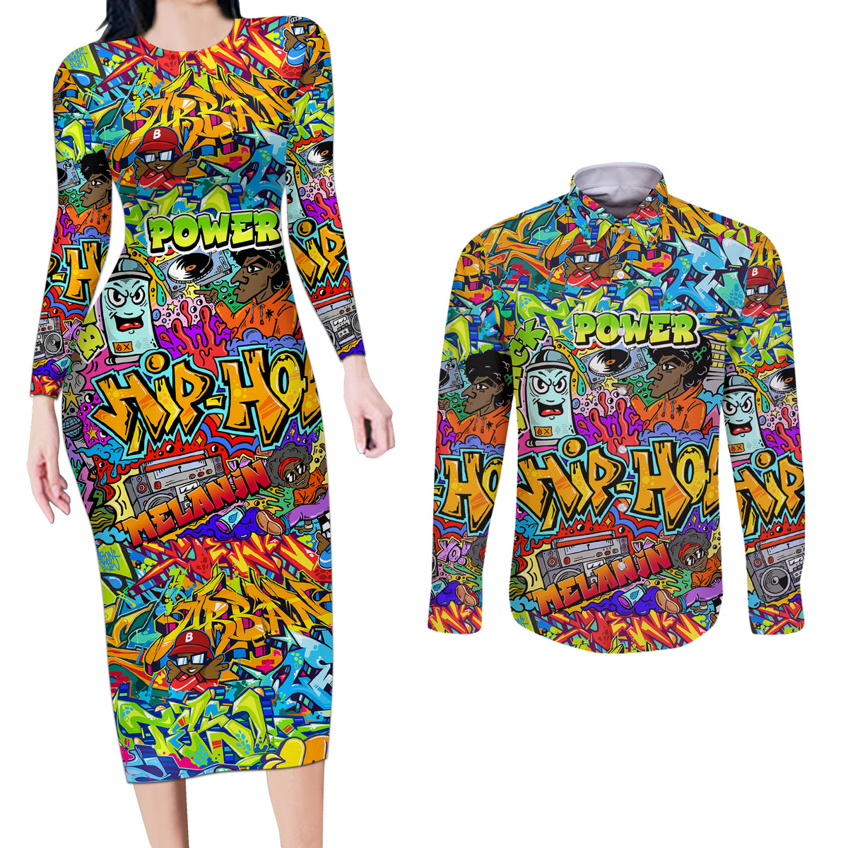 Hip Hop Graffiti Art Couples Matching Long Sleeve Bodycon Dress and Long Sleeve Button Shirts Black Power - Wonder Print Shop