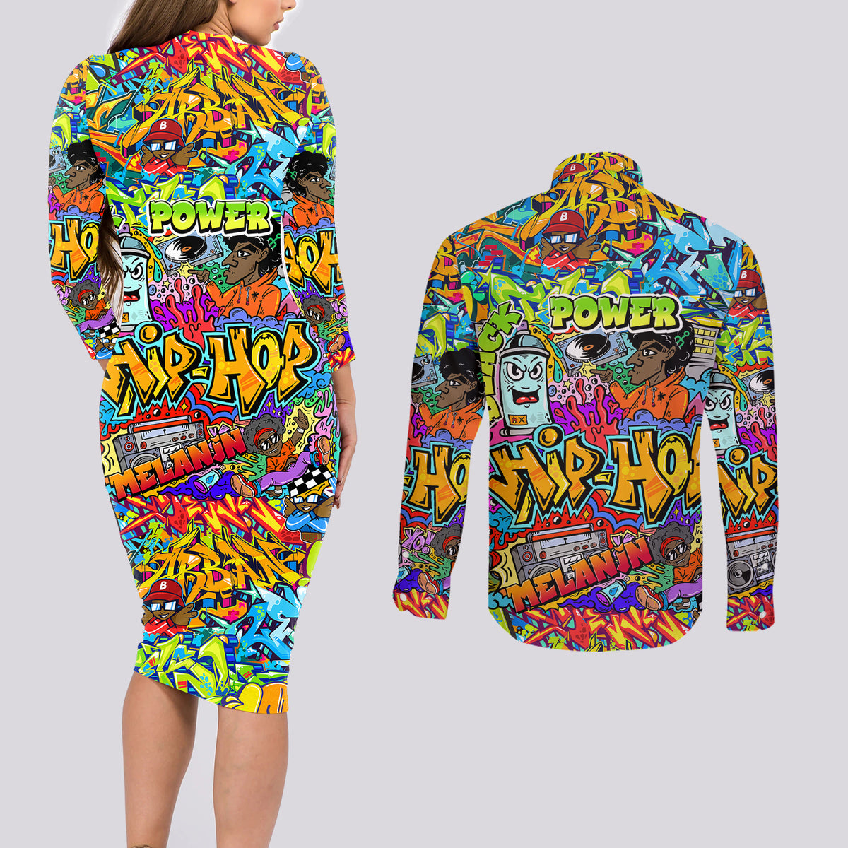 Hip Hop Graffiti Art Couples Matching Long Sleeve Bodycon Dress and Long Sleeve Button Shirts Black Power - Wonder Print Shop