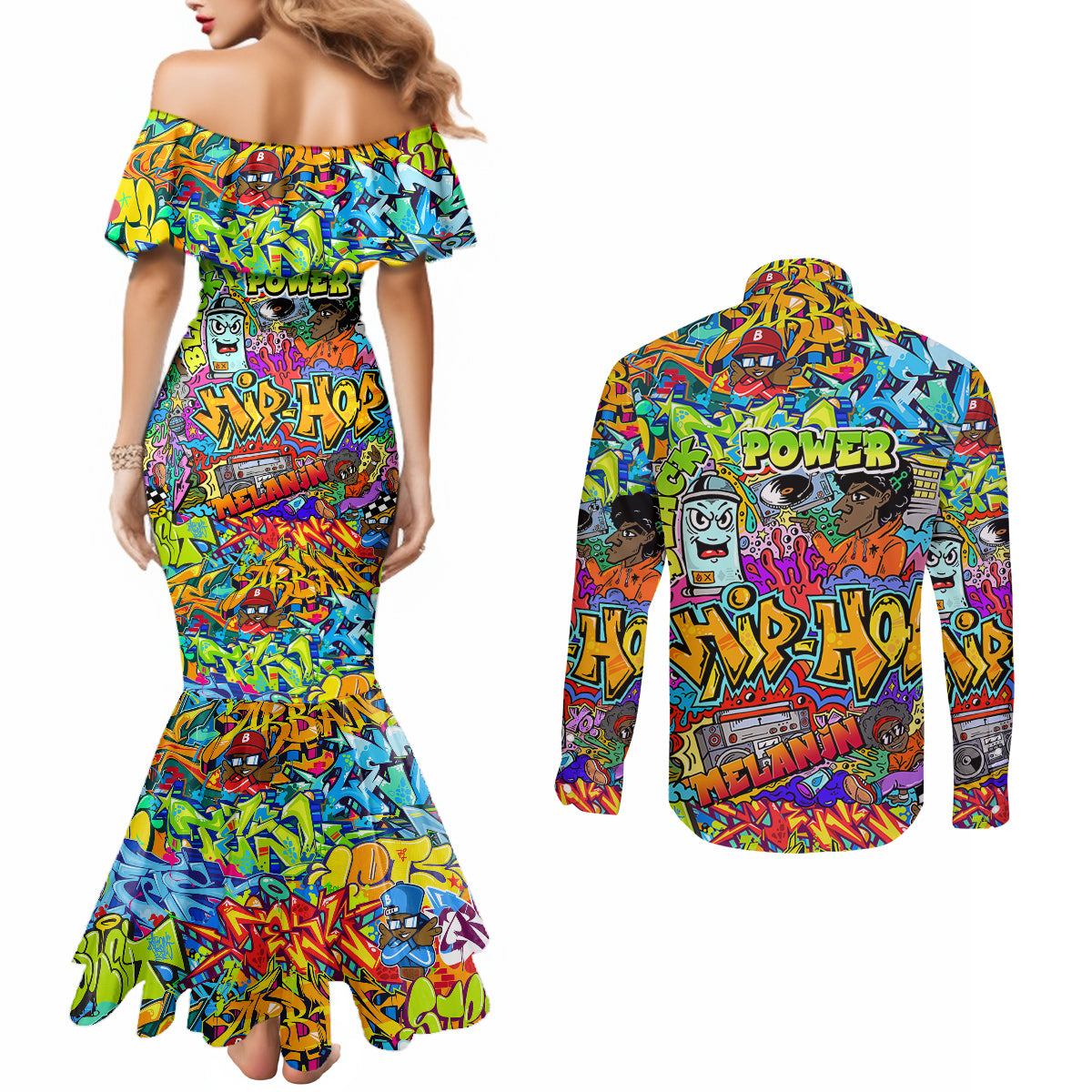 hip-hop-graffiti-art-couples-matching-mermaid-dress-and-long-sleeve-button-shirts-black-power