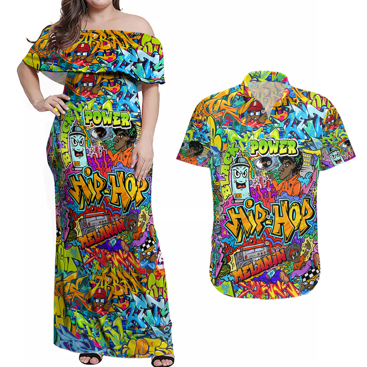 Hip Hop Graffiti Art Couples Matching Off Shoulder Maxi Dress and Hawaiian Shirt Black Power - Wonder Print Shop