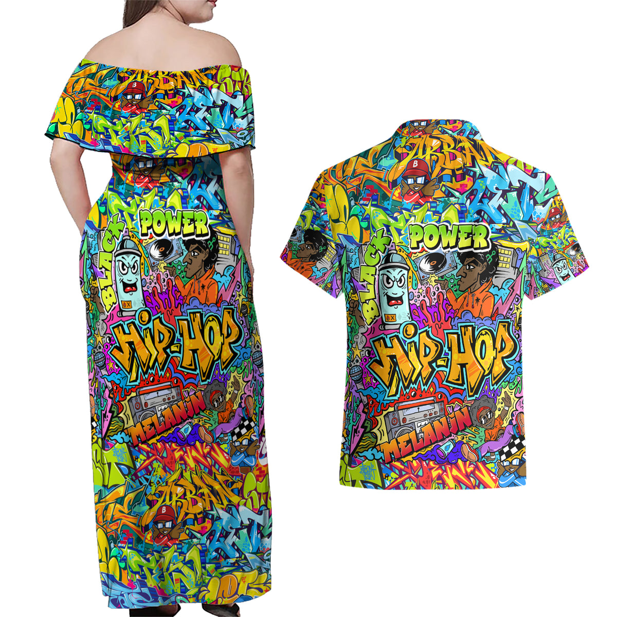 Hip Hop Graffiti Art Couples Matching Off Shoulder Maxi Dress and Hawaiian Shirt Black Power - Wonder Print Shop