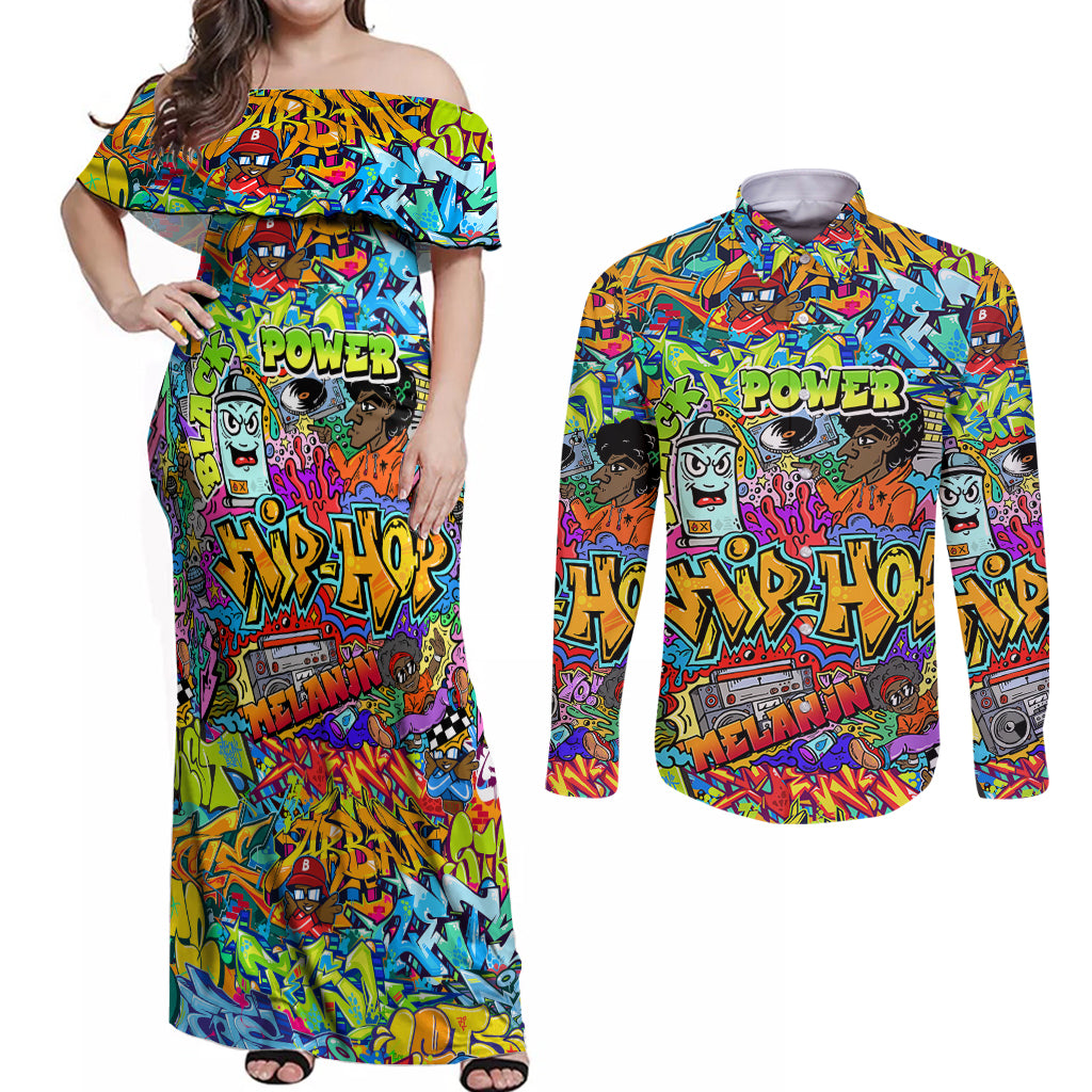 Hip Hop Graffiti Art Couples Matching Off Shoulder Maxi Dress and Long Sleeve Button Shirts Black Power - Wonder Print Shop