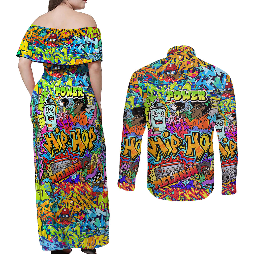 Hip Hop Graffiti Art Couples Matching Off Shoulder Maxi Dress and Long Sleeve Button Shirts Black Power - Wonder Print Shop