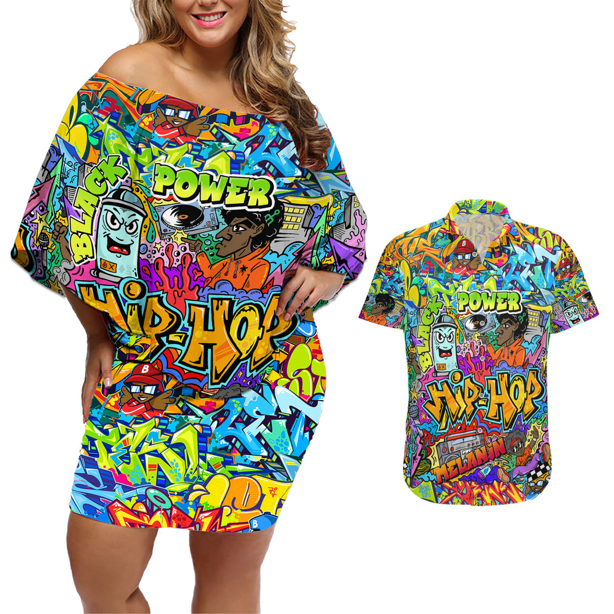 Hip Hop Graffiti Art Couples Matching Off Shoulder Short Dress and Hawaiian Shirt Black Power - Wonder Print Shop