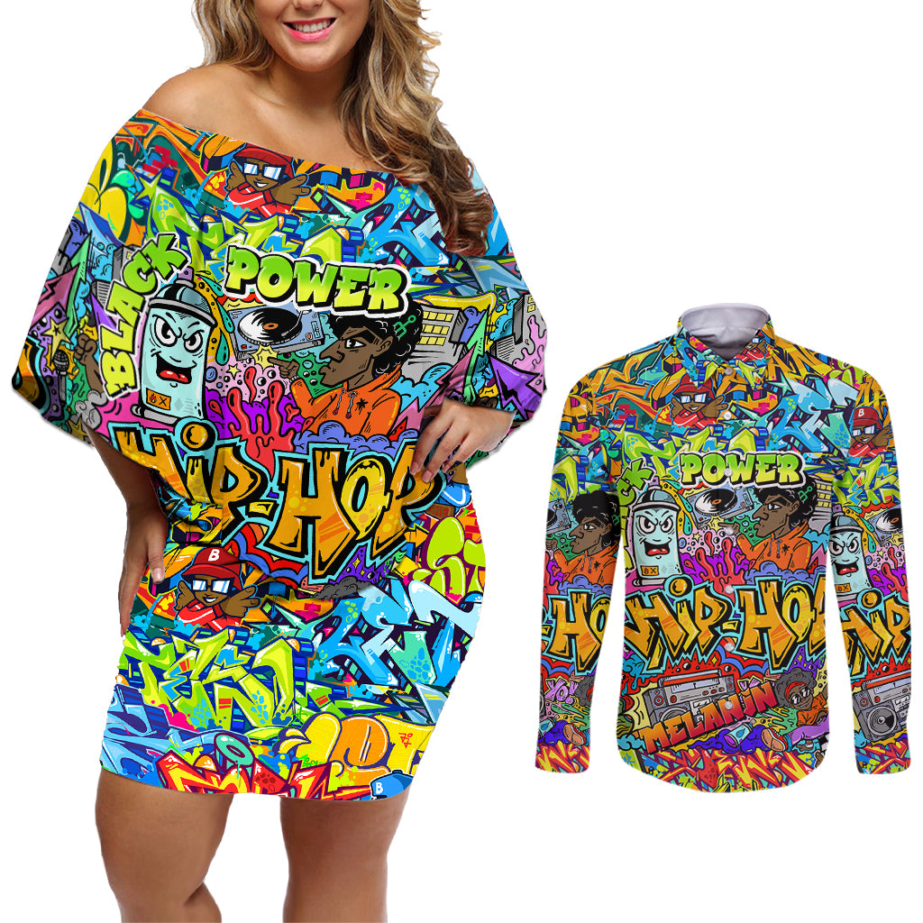 Hip Hop Graffiti Art Couples Matching Off Shoulder Short Dress and Long Sleeve Button Shirts Black Power - Wonder Print Shop