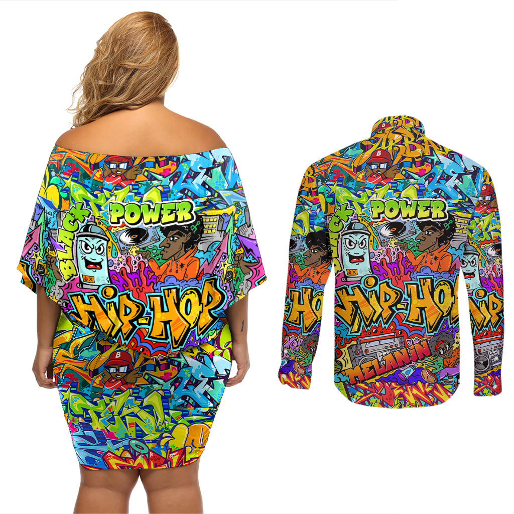Hip Hop Graffiti Art Couples Matching Off Shoulder Short Dress and Long Sleeve Button Shirts Black Power - Wonder Print Shop