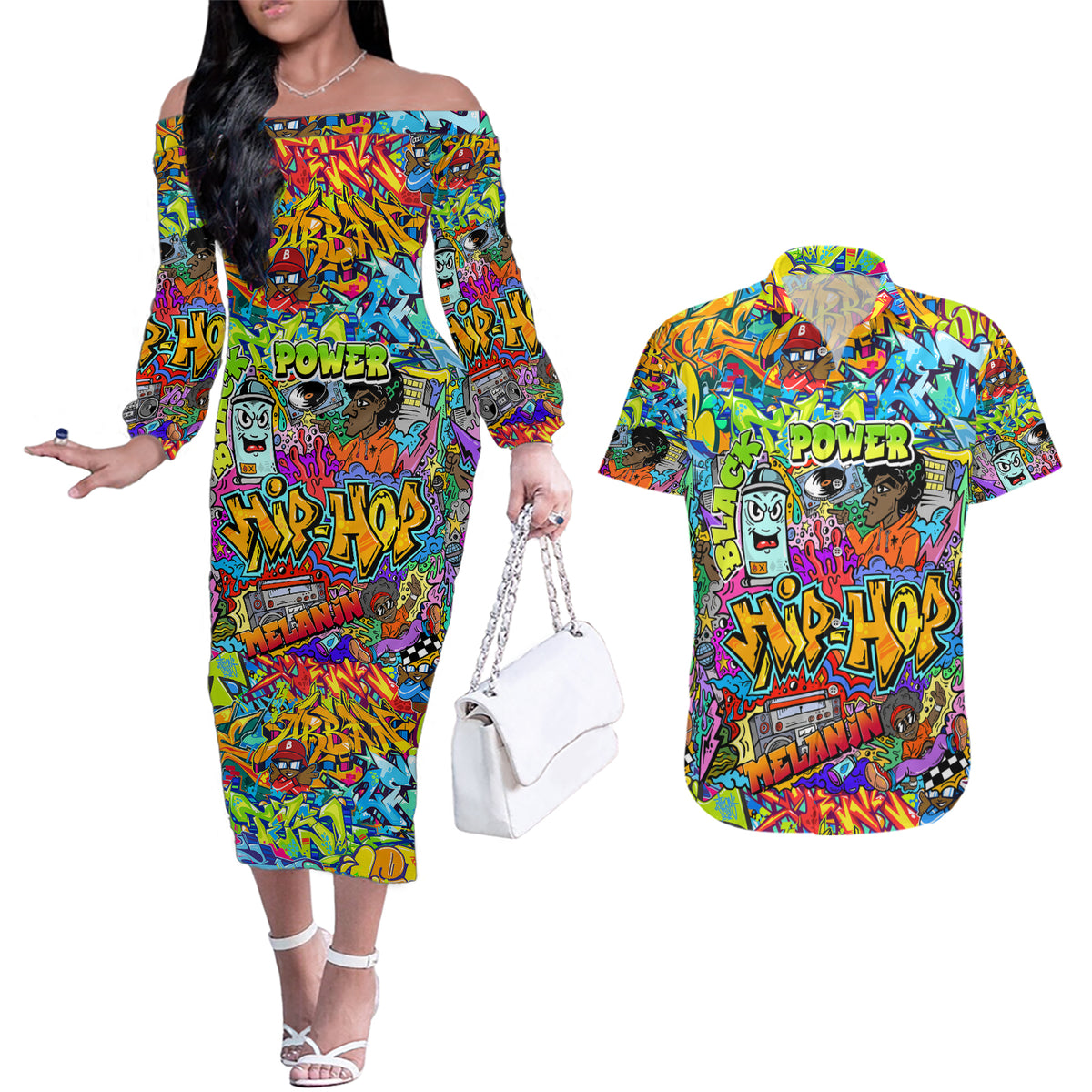 Hip Hop Graffiti Art Couples Matching Off The Shoulder Long Sleeve Dress and Hawaiian Shirt Black Power - Wonder Print Shop