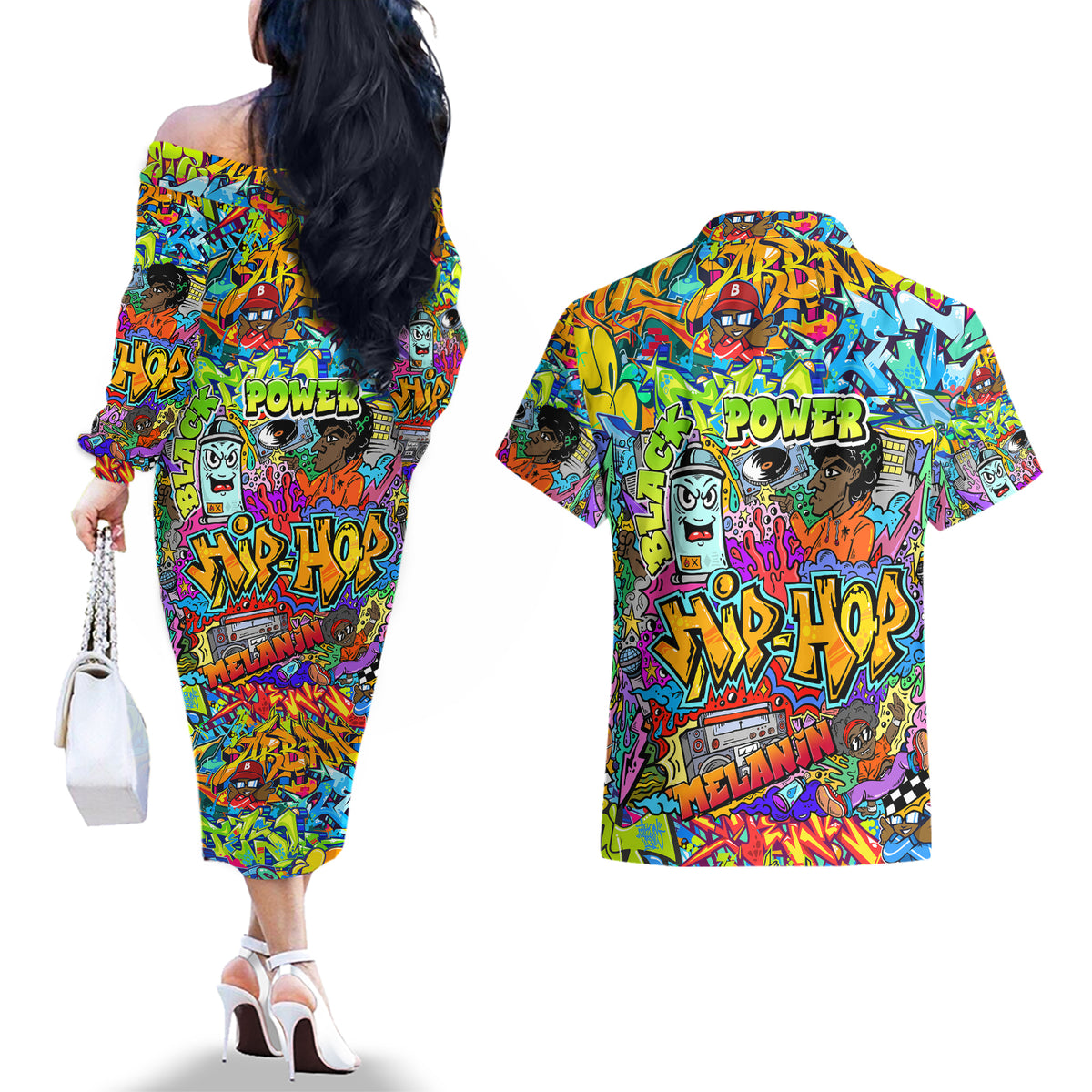 Hip Hop Graffiti Art Couples Matching Off The Shoulder Long Sleeve Dress and Hawaiian Shirt Black Power - Wonder Print Shop