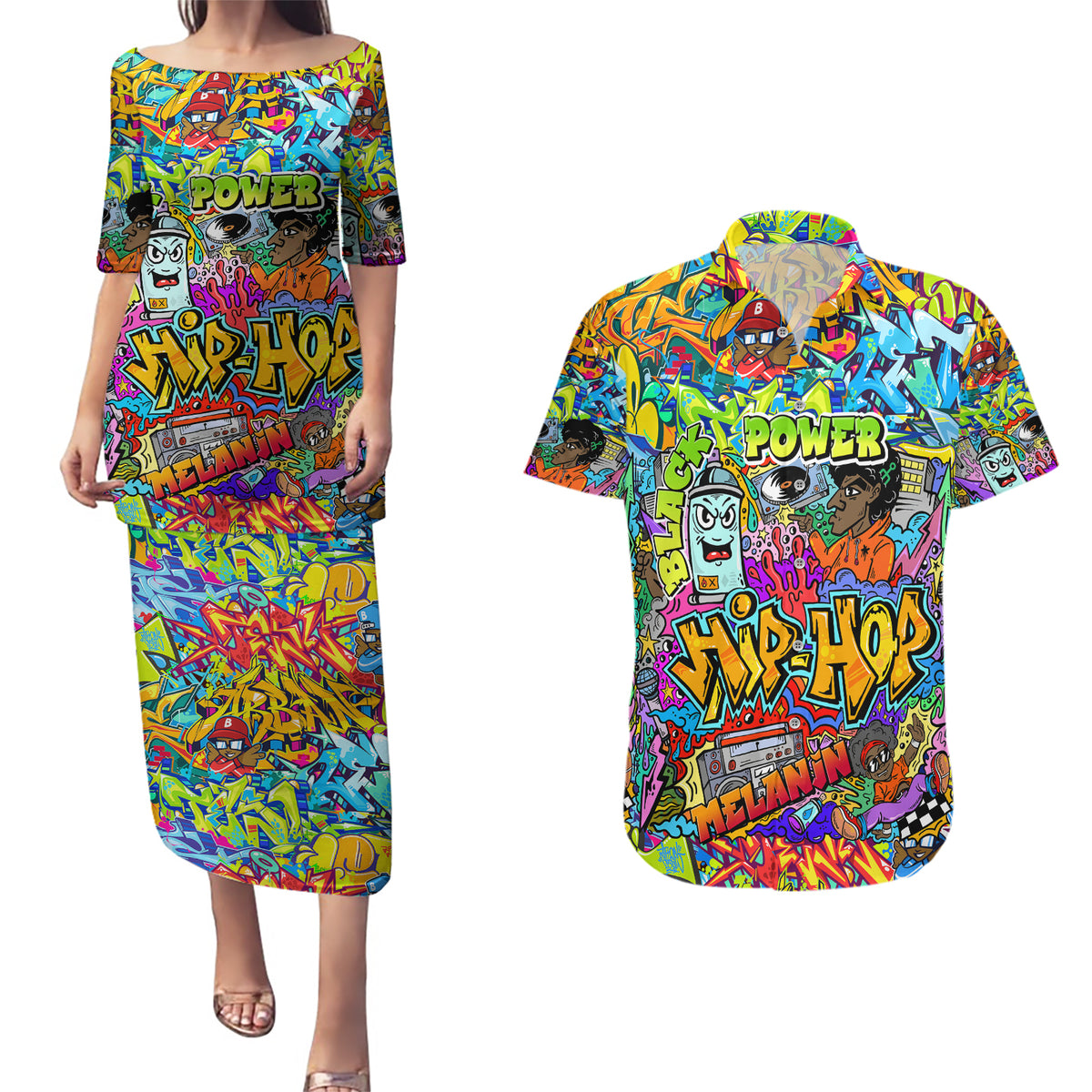 Hip Hop Graffiti Art Couples Matching Puletasi Dress and Hawaiian Shirt Black Power - Wonder Print Shop