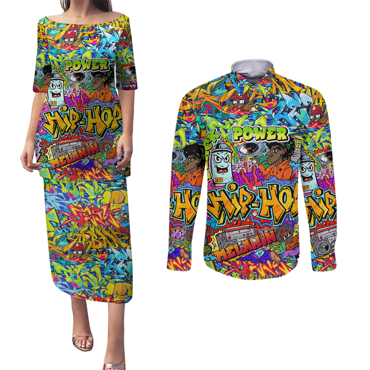 Hip Hop Graffiti Art Couples Matching Puletasi Dress and Long Sleeve Button Shirts Black Power - Wonder Print Shop