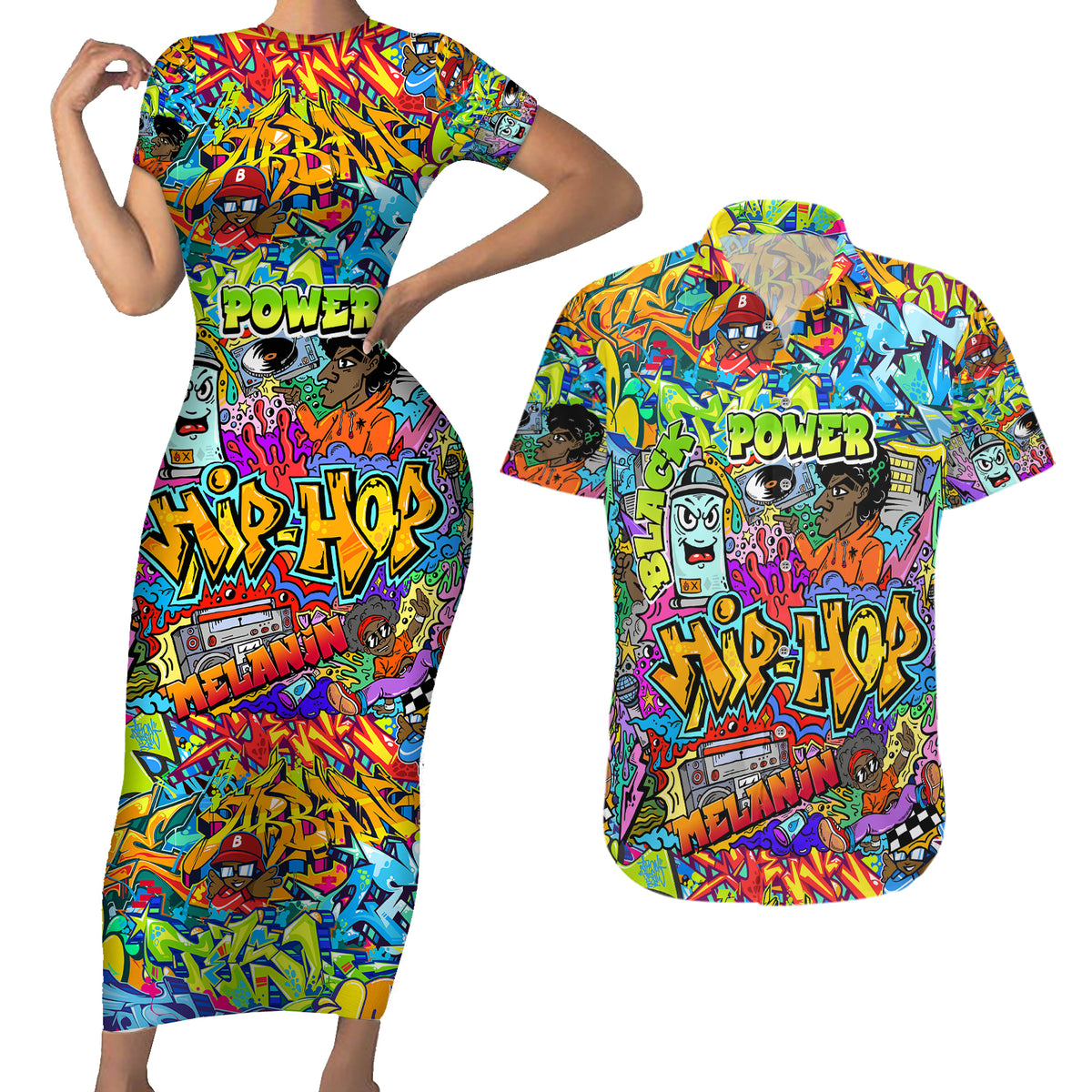 Hip Hop Graffiti Art Couples Matching Short Sleeve Bodycon Dress and Hawaiian Shirt Black Power - Wonder Print Shop