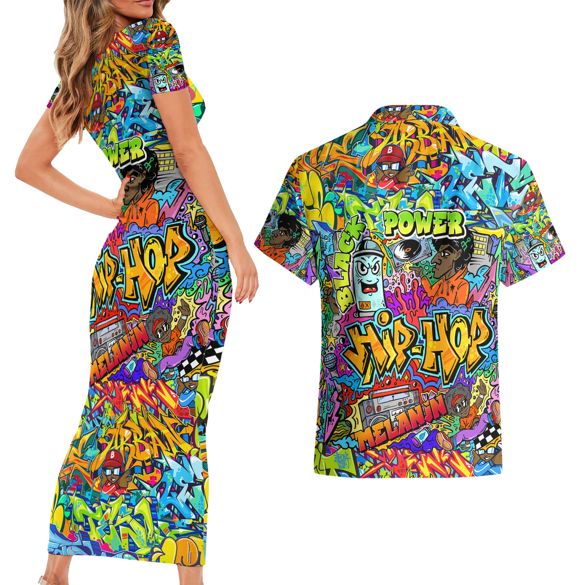 Hip Hop Graffiti Art Couples Matching Short Sleeve Bodycon Dress and Hawaiian Shirt Black Power - Wonder Print Shop