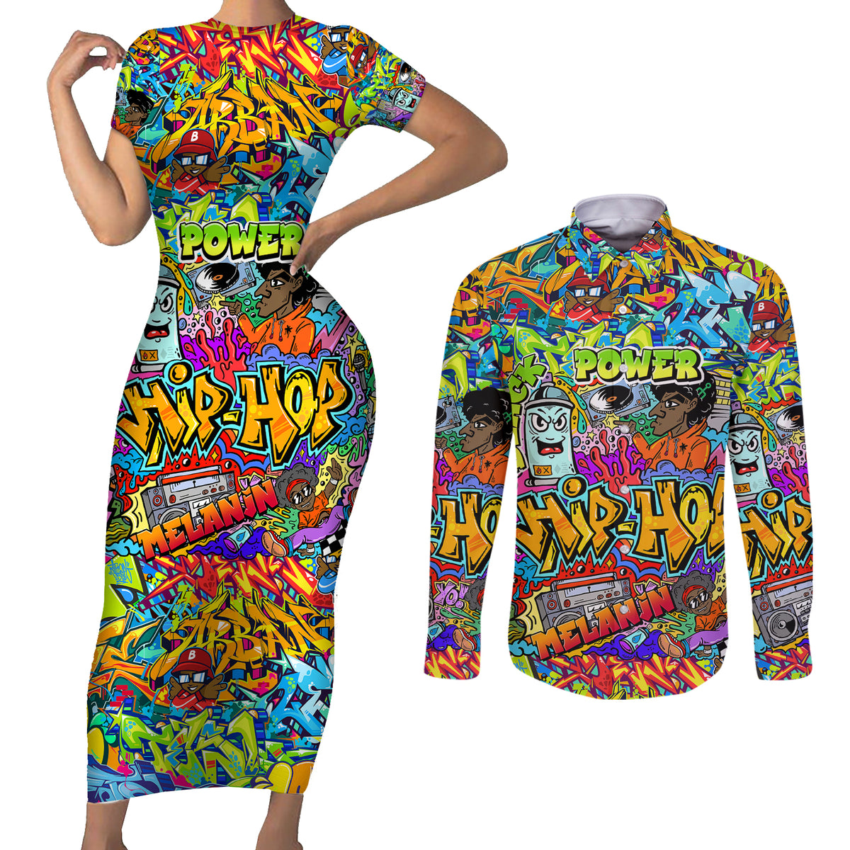 Hip Hop Graffiti Art Couples Matching Short Sleeve Bodycon Dress and Long Sleeve Button Shirts Black Power - Wonder Print Shop