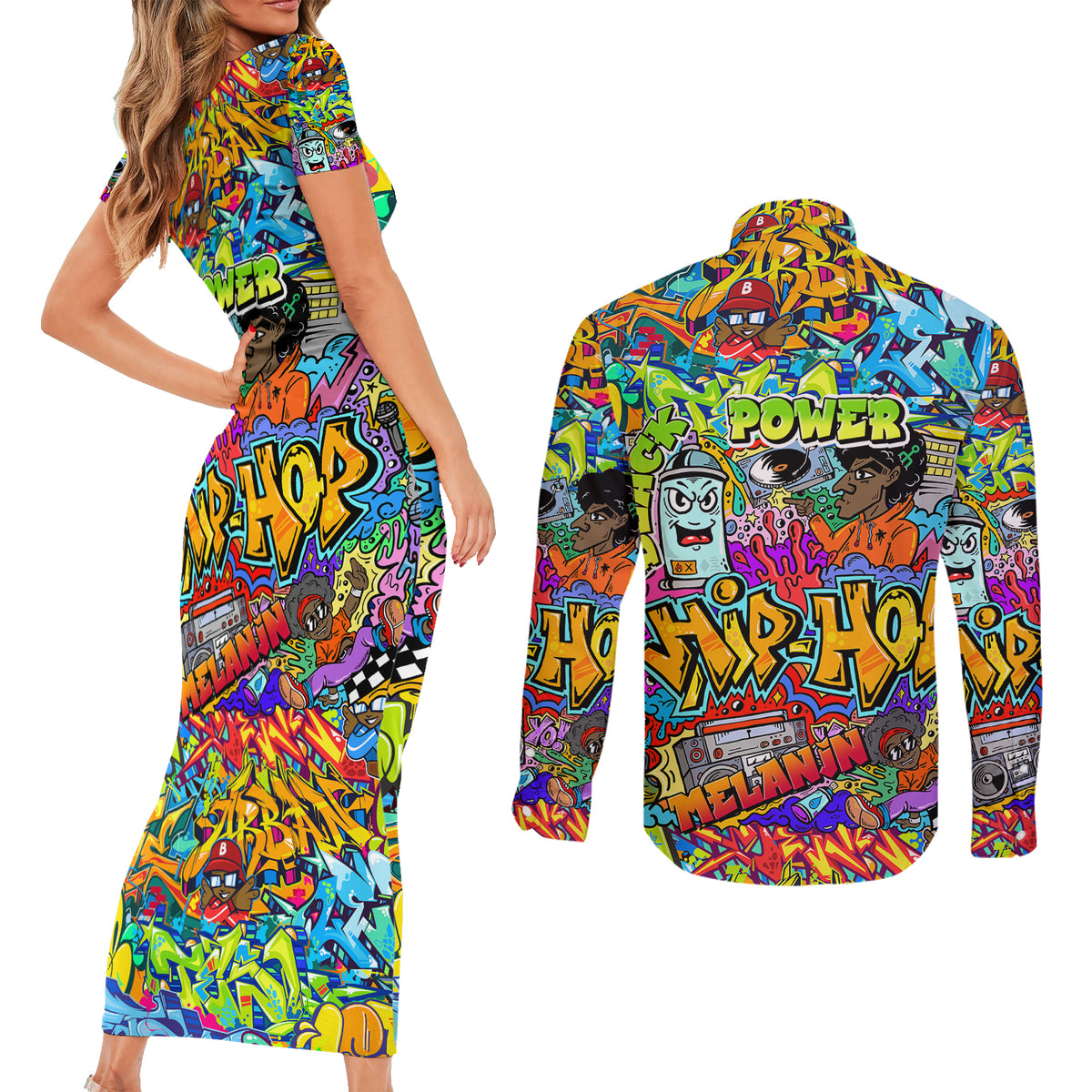Hip Hop Graffiti Art Couples Matching Short Sleeve Bodycon Dress and Long Sleeve Button Shirts Black Power - Wonder Print Shop