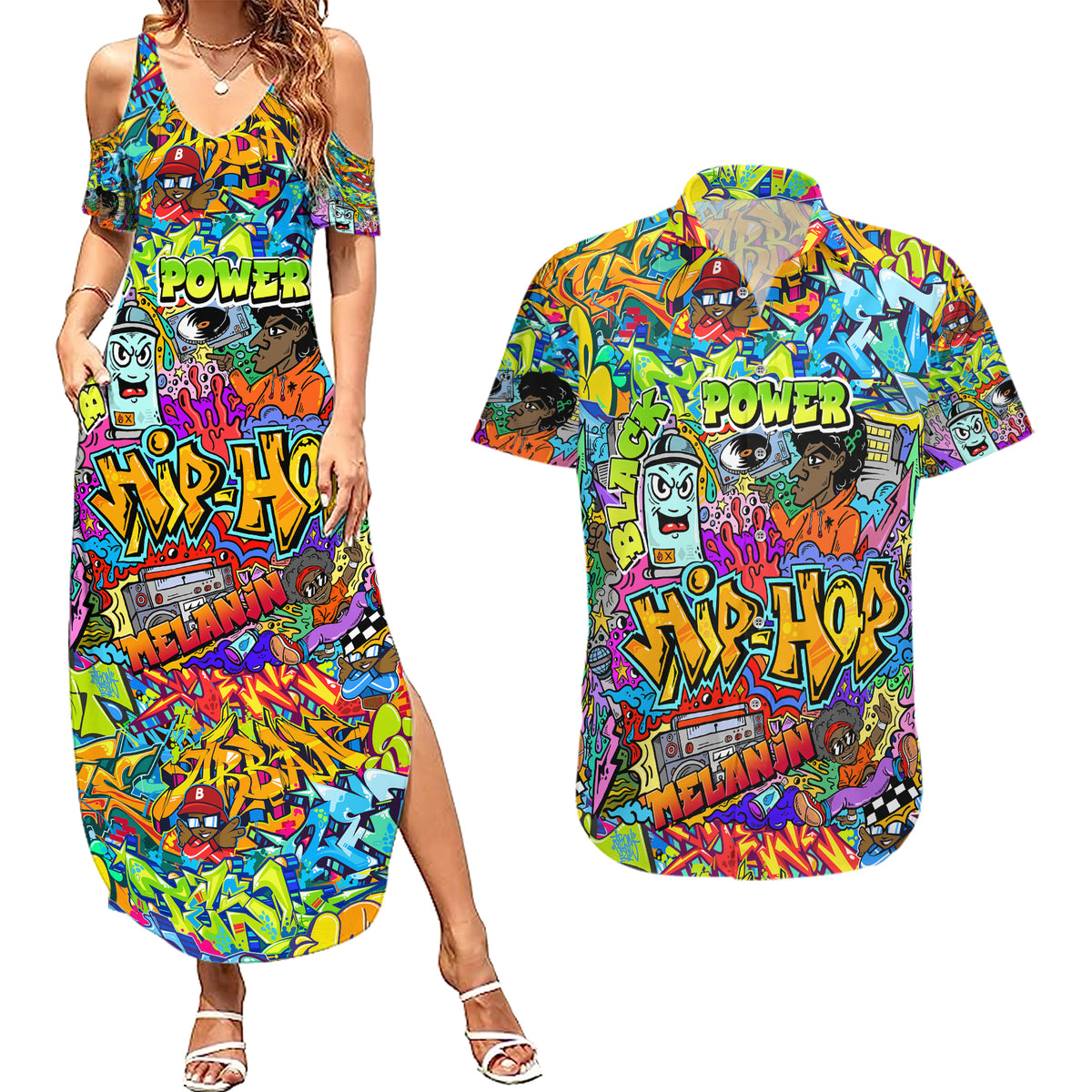 Hip Hop Graffiti Art Couples Matching Summer Maxi Dress and Hawaiian Shirt Black Power - Wonder Print Shop