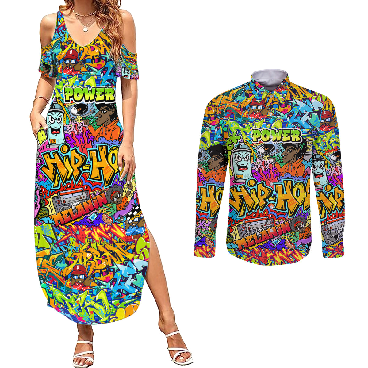 Hip Hop Graffiti Art Couples Matching Summer Maxi Dress and Long Sleeve Button Shirts Black Power - Wonder Print Shop