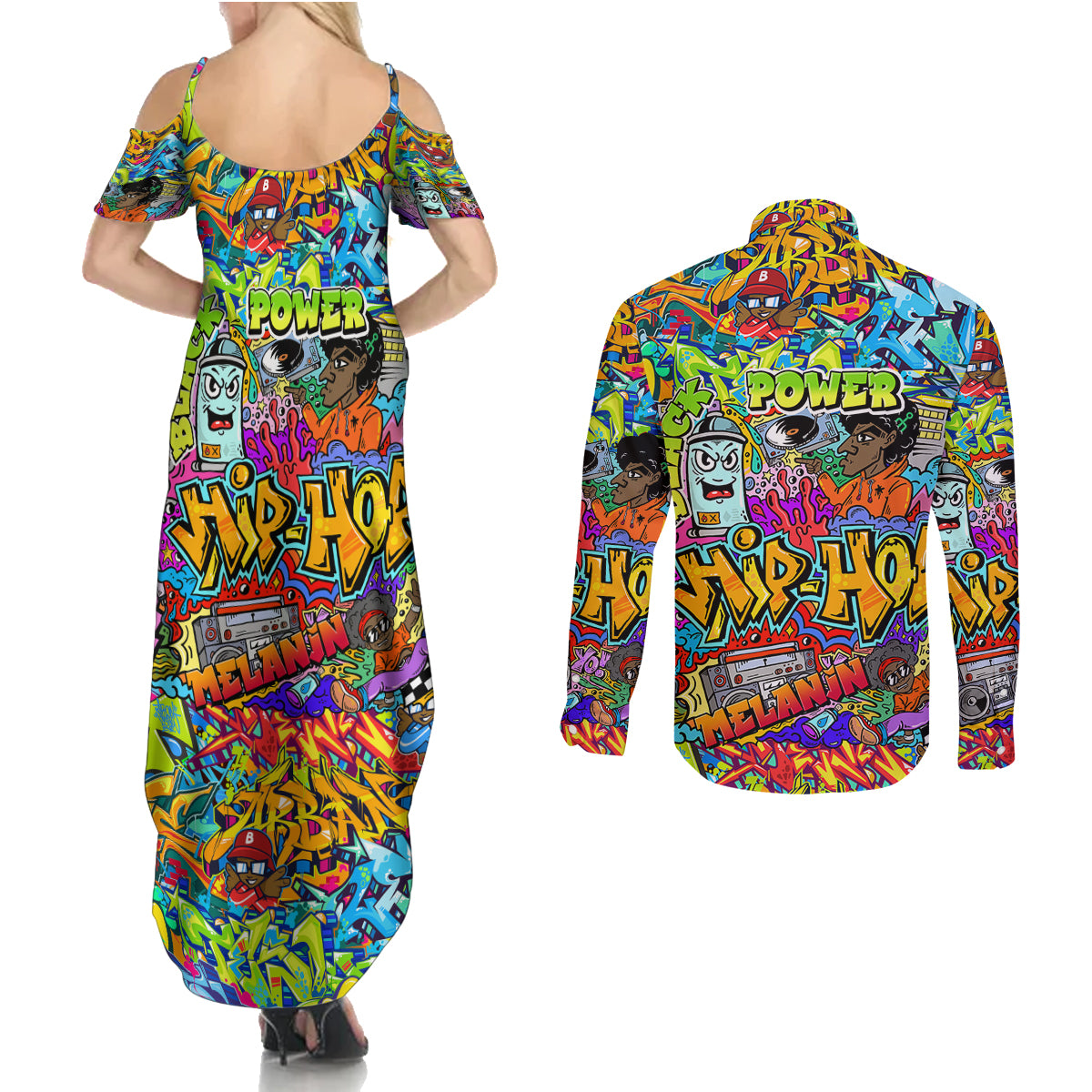 Hip Hop Graffiti Art Couples Matching Summer Maxi Dress and Long Sleeve Button Shirts Black Power - Wonder Print Shop