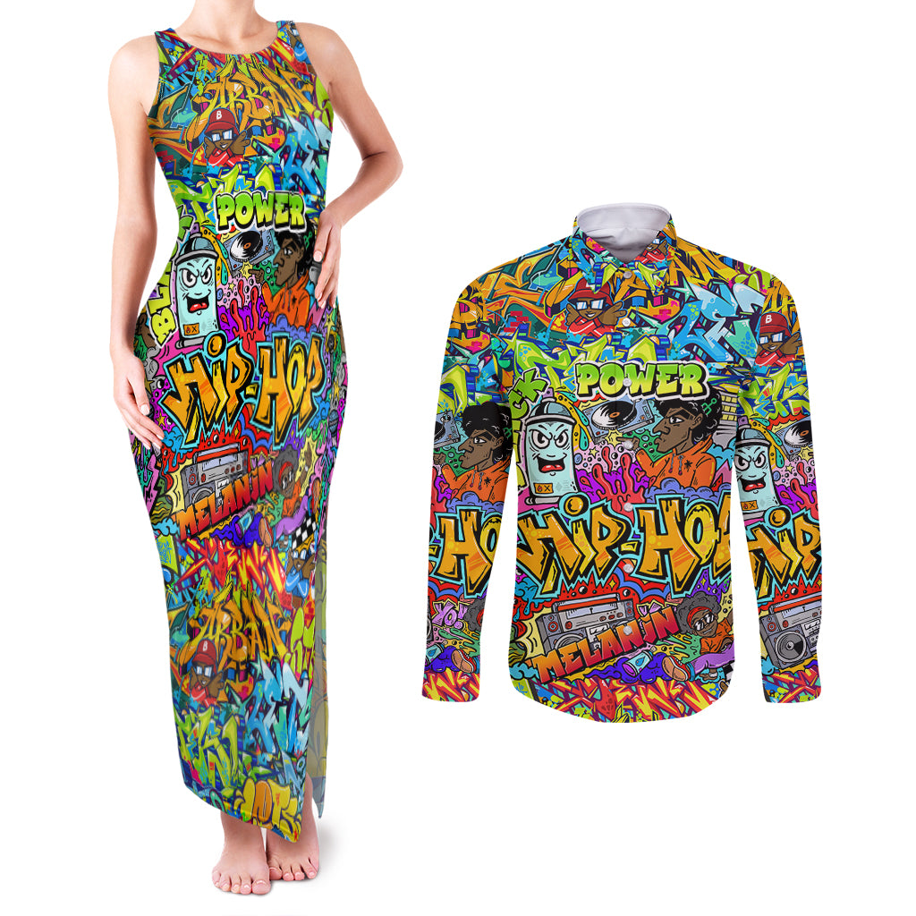 Hip Hop Graffiti Art Couples Matching Tank Maxi Dress and Long Sleeve Button Shirts Black Power - Wonder Print Shop