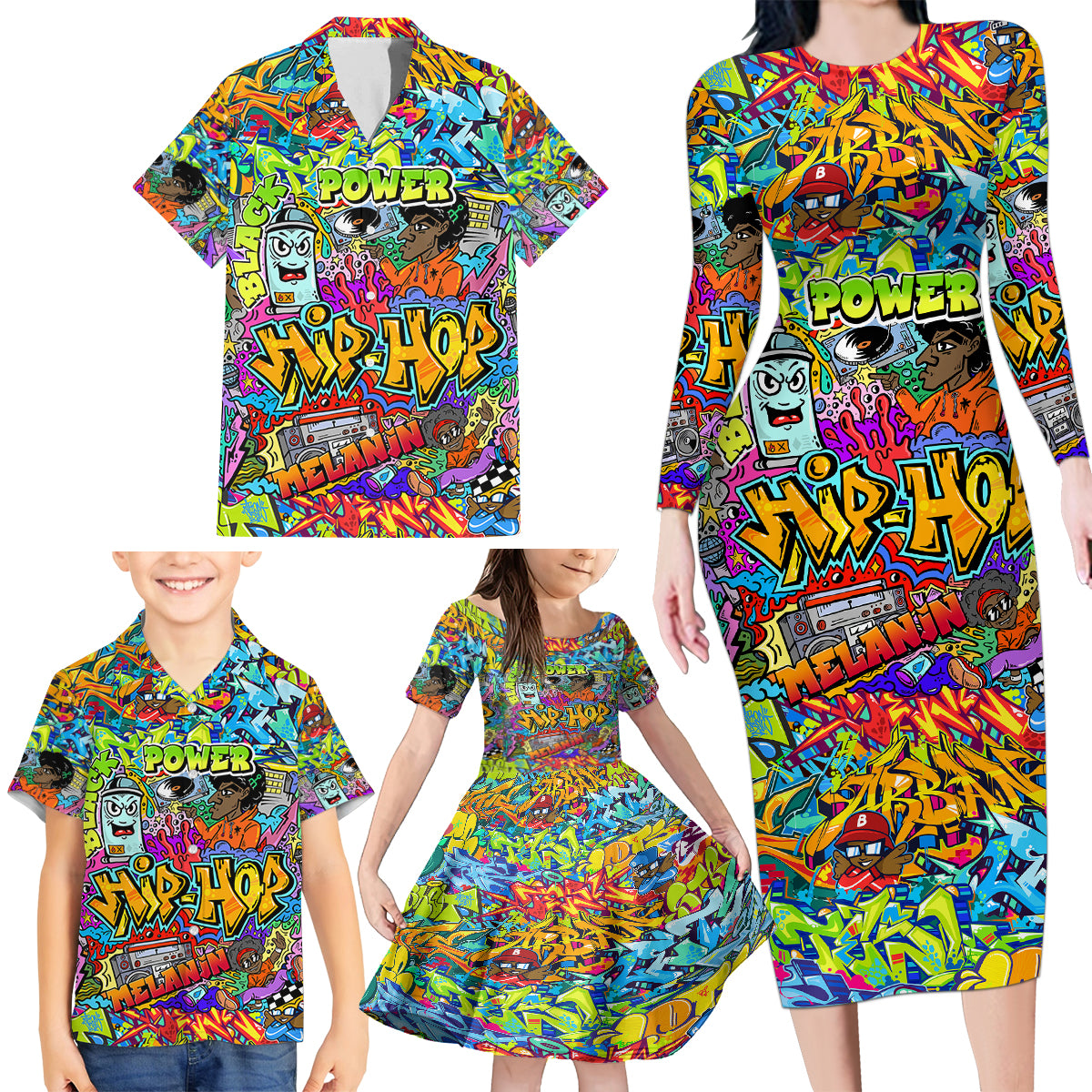 Hip Hop Graffiti Art Family Matching Long Sleeve Bodycon Dress and Hawaiian Shirt Black Power - Wonder Print Shop